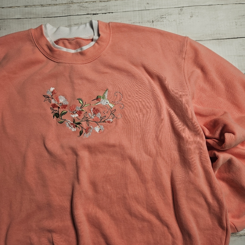 Vtg 90s Embroidered Hummingbird‎ Floral Sweatshirt Double Collar Coral Pink XXL
